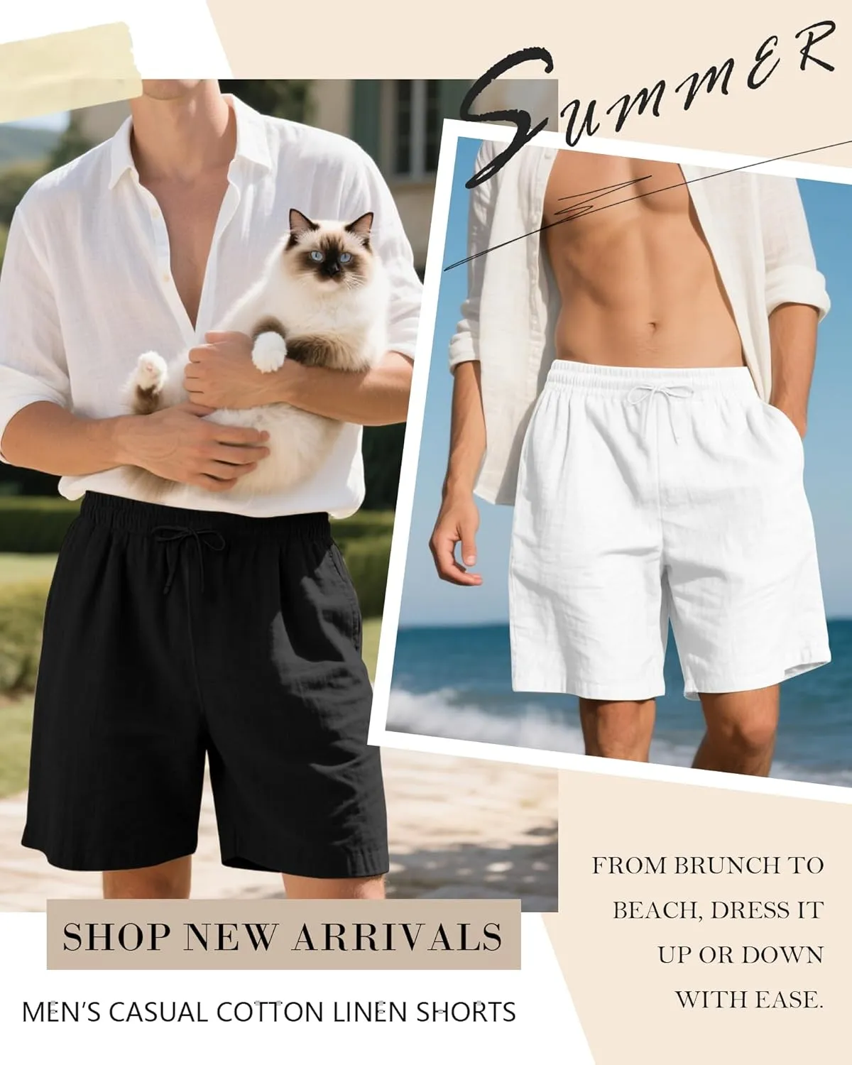 3 Pack Men's Cotton Linen 9" Inseam Shorts Drawstring Elastic Waist Beach Casual Summer Bermuda with Pockets