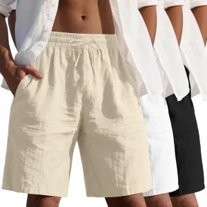 3 Pack Men's Cotton Linen 9" Inseam Shorts Drawstring Elastic Waist Beach Casual Summer Bermuda with Pockets