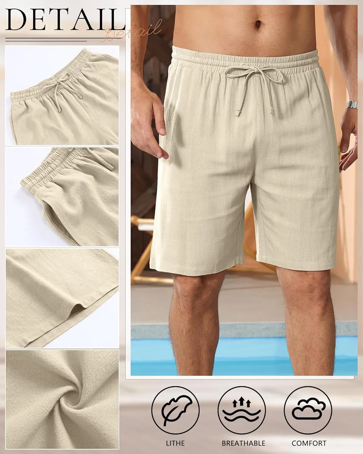 3 Pack Men's Cotton Linen 9" Inseam Shorts Drawstring Elastic Waist Beach Casual Summer Bermuda with Pockets