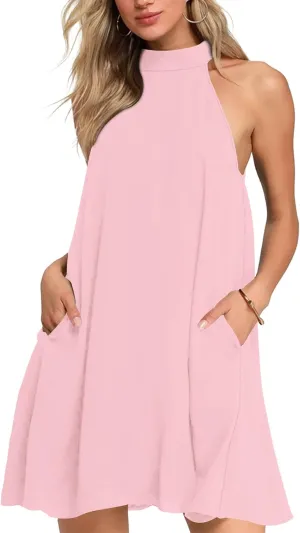 AUSELILY Womens Summer Dress Sleeveless Halter Neck Beach Dress Casual Sundresses with Pockets