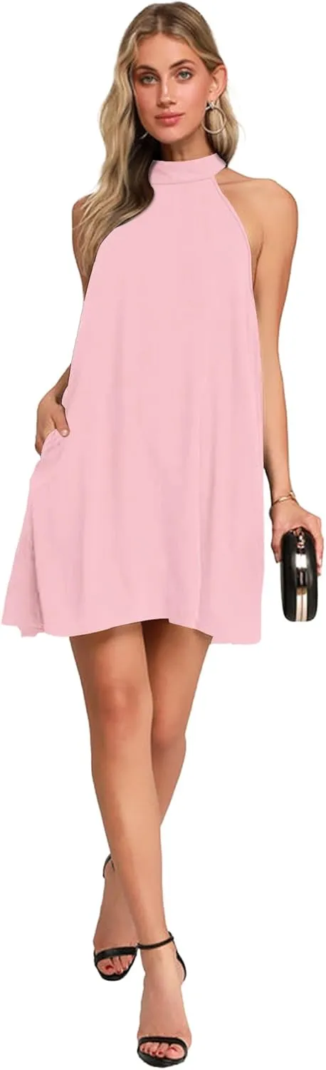 AUSELILY Womens Summer Dress Sleeveless Halter Neck Beach Dress Casual Sundresses with Pockets