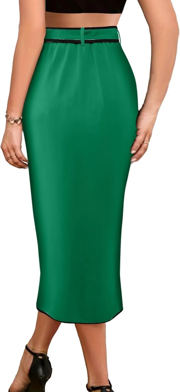 Avanova Women Bow Tie Midi Skirts High Waisted Work Office Bodycon Pencil Skirt
