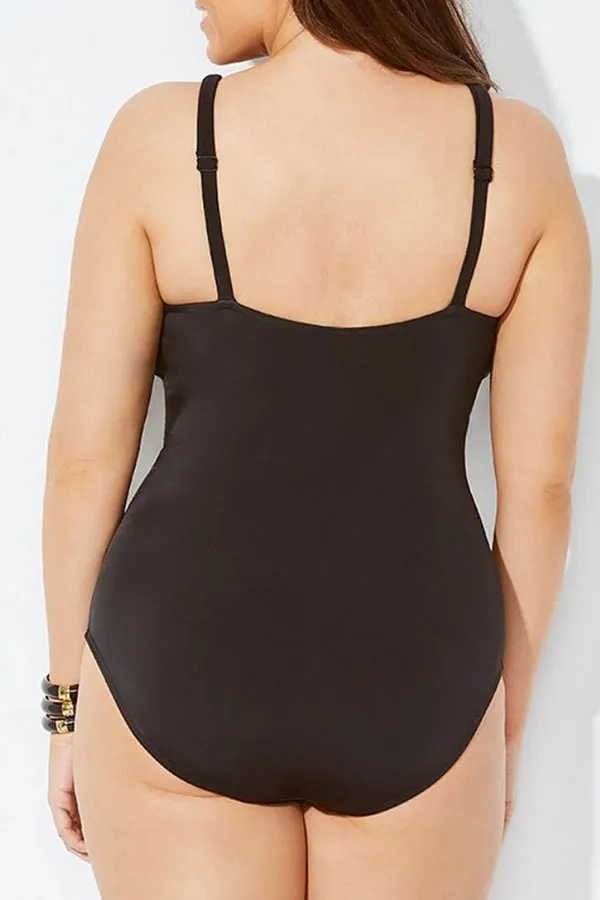 Black Deep V Neck Simple Ruched One Piece Swimwear