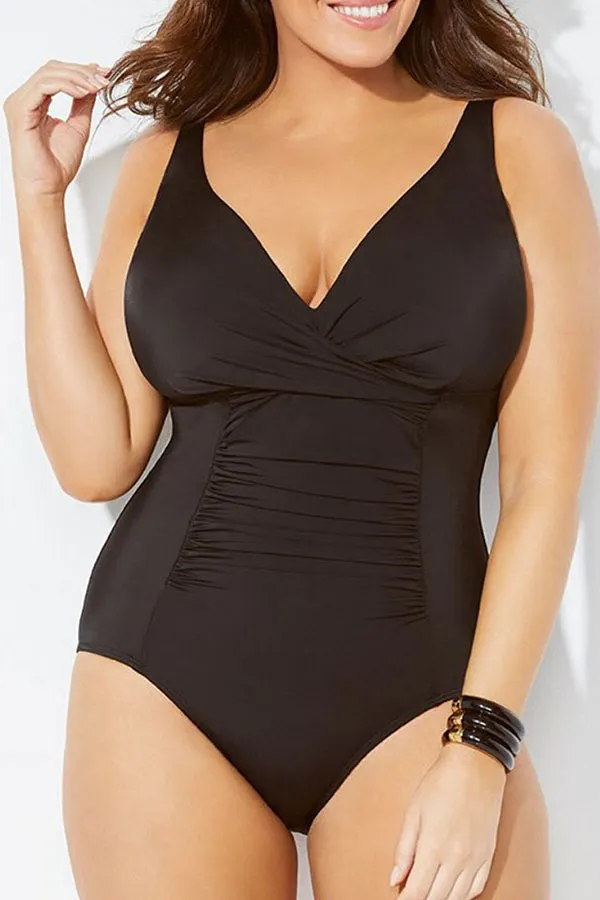 Black Deep V Neck Simple Ruched One Piece Swimwear