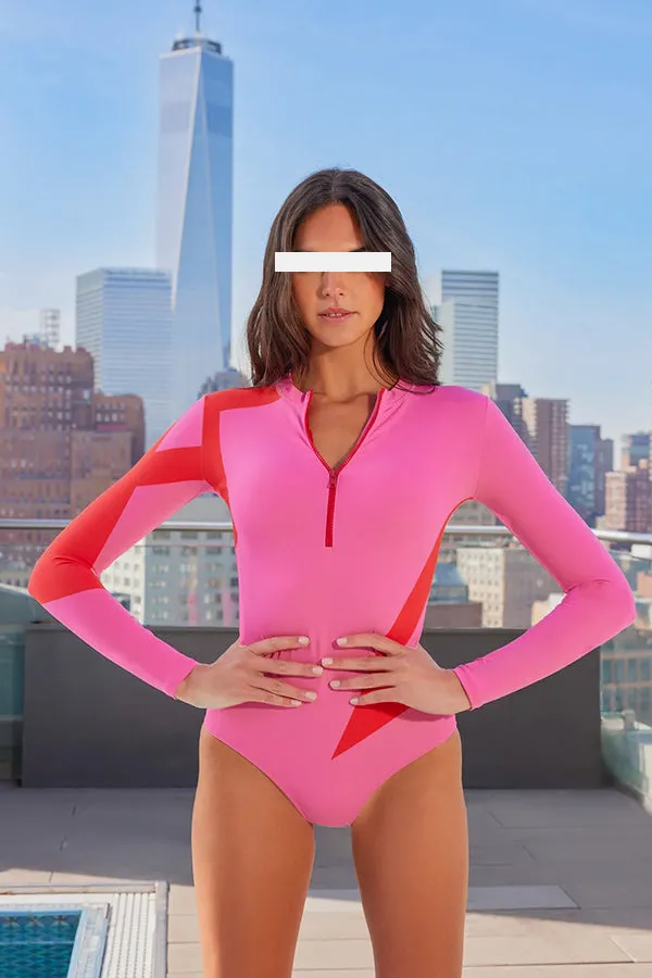 Cherry Flame Solid Long Sleeve One-Piece Swimsuit UPF50  Rash Guard