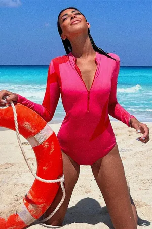 Cherry Flame Solid Long Sleeve One-Piece Swimsuit UPF50  Rash Guard