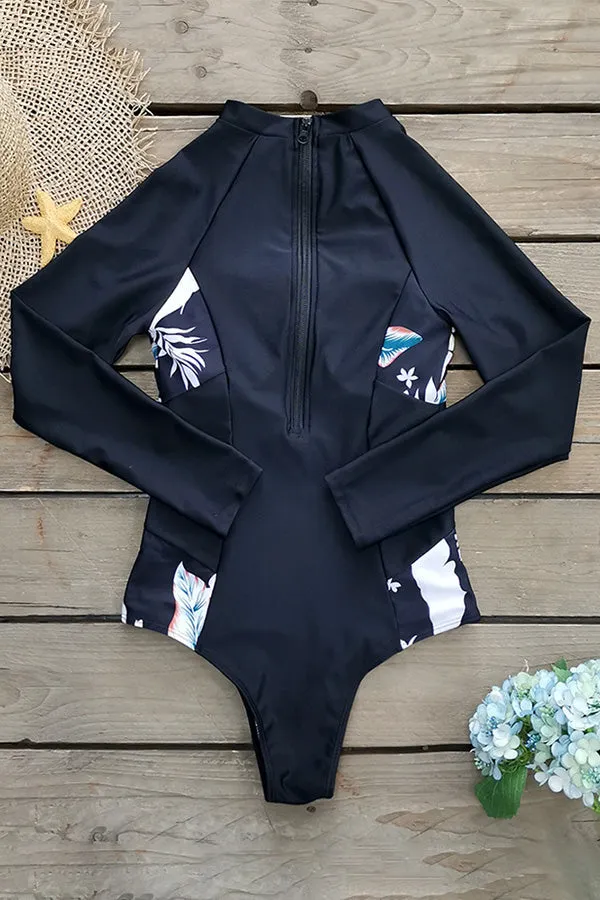 Clearance | Black Tropical Print Long Sleeve UPF50  Rash Guard