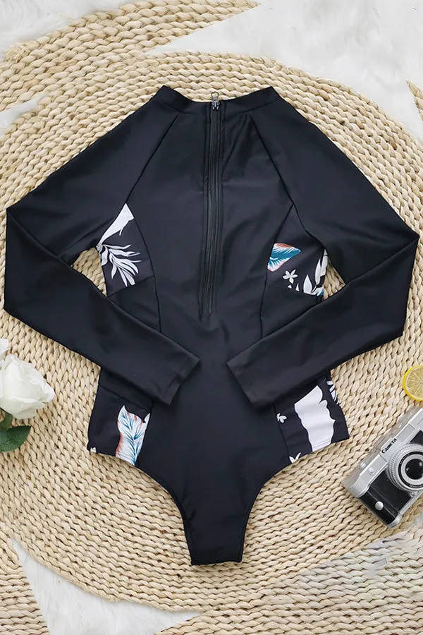 Clearance | Black Tropical Print Long Sleeve UPF50  Rash Guard