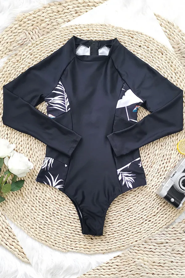 Clearance | Black Tropical Print Long Sleeve UPF50  Rash Guard
