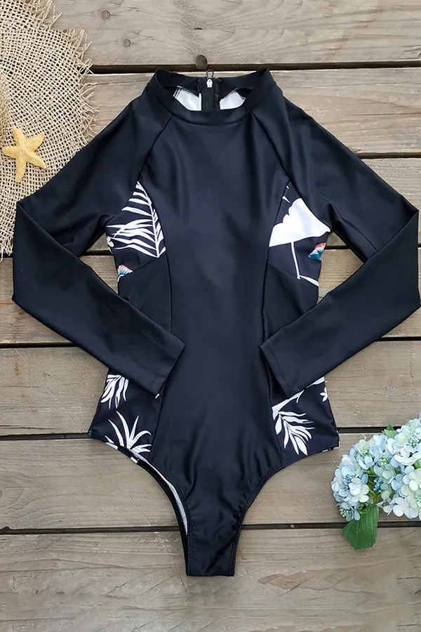Clearance | Black Tropical Print Long Sleeve UPF50  Rash Guard