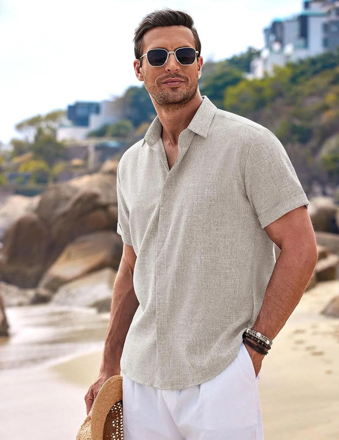 COOFANDY Men's Linen Shirts Short Sleeve Casual Shirts Button Down Shirt for Men Beach Summer Wedding Shirt