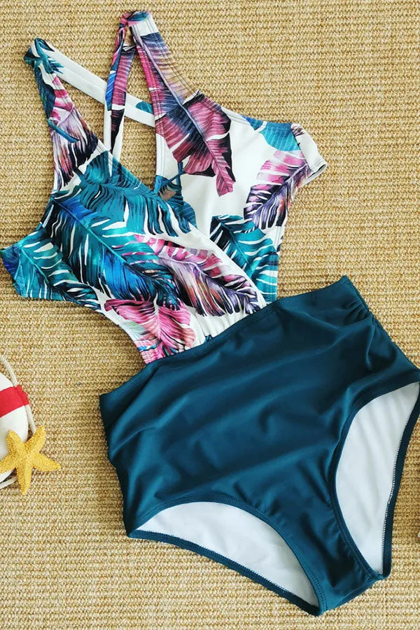 Deep V Neck Leaf Print Beachy One Piece Swimwear