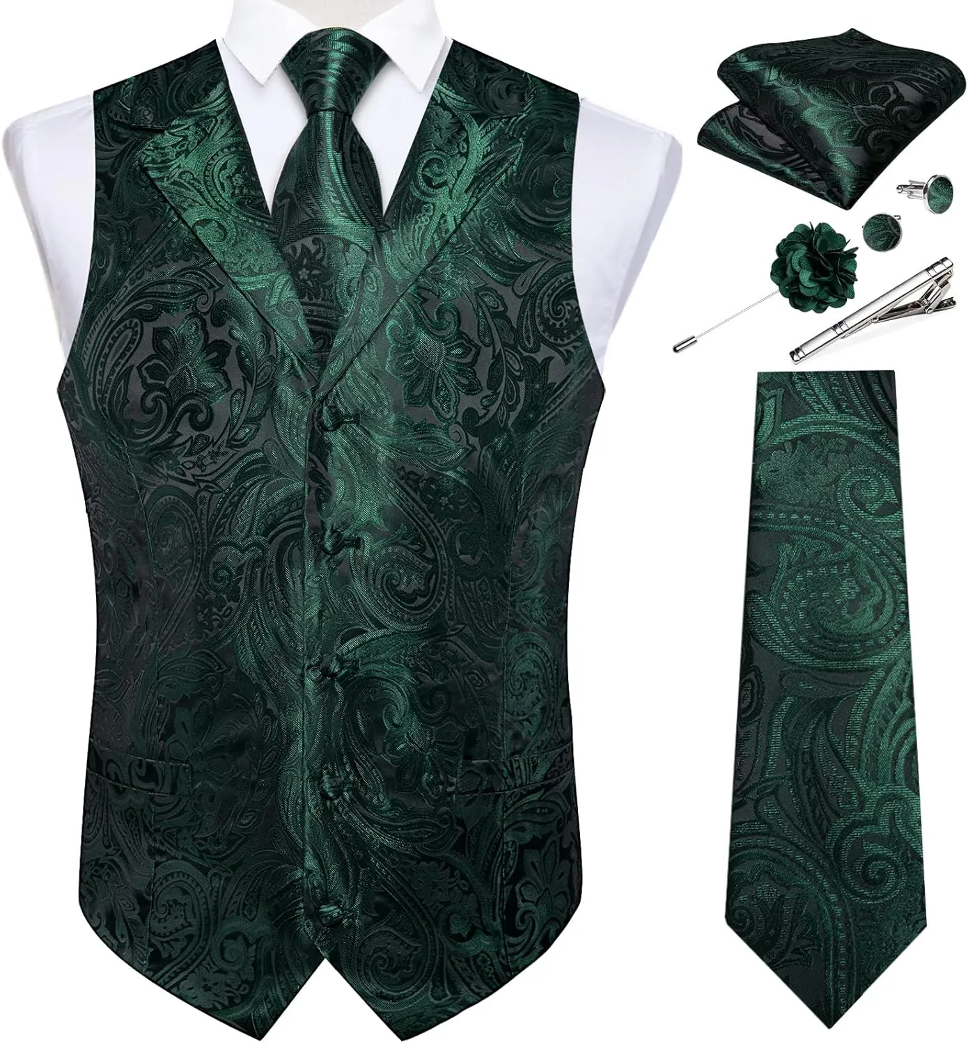 DiBanGu Mens Vest Tie Set 7PCS Silk Paisley Suit Waistcoat and Necktie Hankerchief Cufflinks Lapel Pin Set for Wedding Party