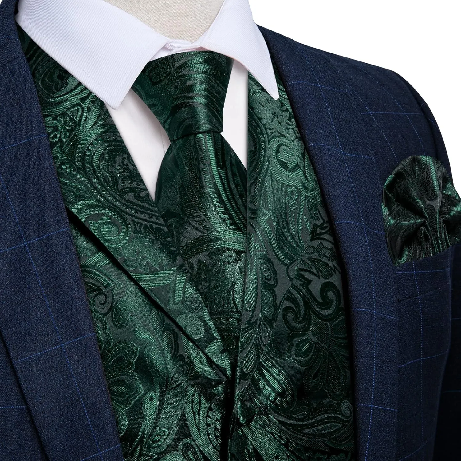 DiBanGu Mens Vest Tie Set 7PCS Silk Paisley Suit Waistcoat and Necktie Hankerchief Cufflinks Lapel Pin Set for Wedding Party