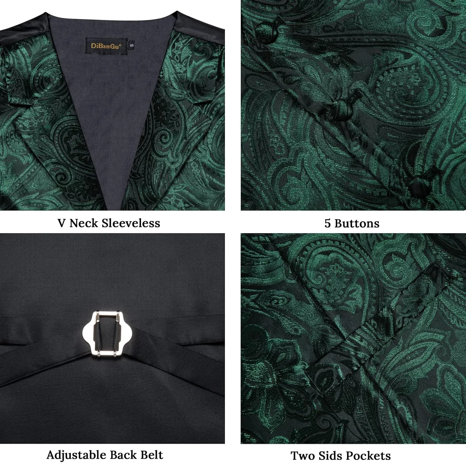 DiBanGu Mens Vest Tie Set 7PCS Silk Paisley Suit Waistcoat and Necktie Hankerchief Cufflinks Lapel Pin Set for Wedding Party