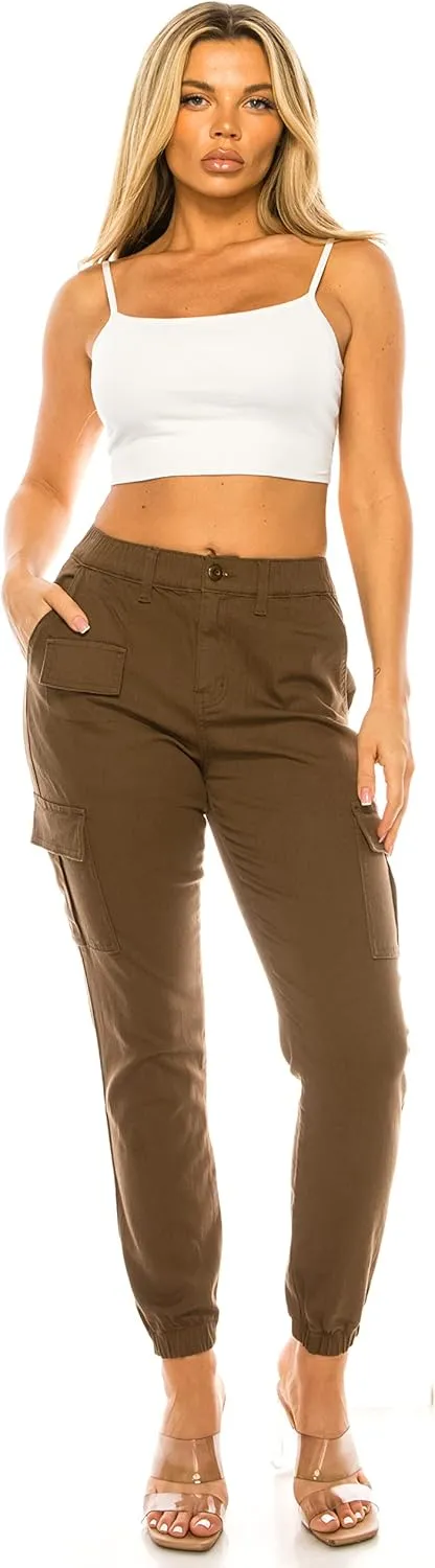 Double Denim January 5th Women's High Waist Cargo Jogger Pants Elastic Waistband Casual Tapered Sweatpants with 6 Pockets