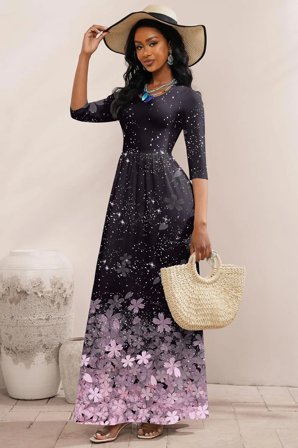 FANDEE Maxi Dress for Women 3/4 Sleeve Crew Neck Empire Waist Casual Dress with Pockets
