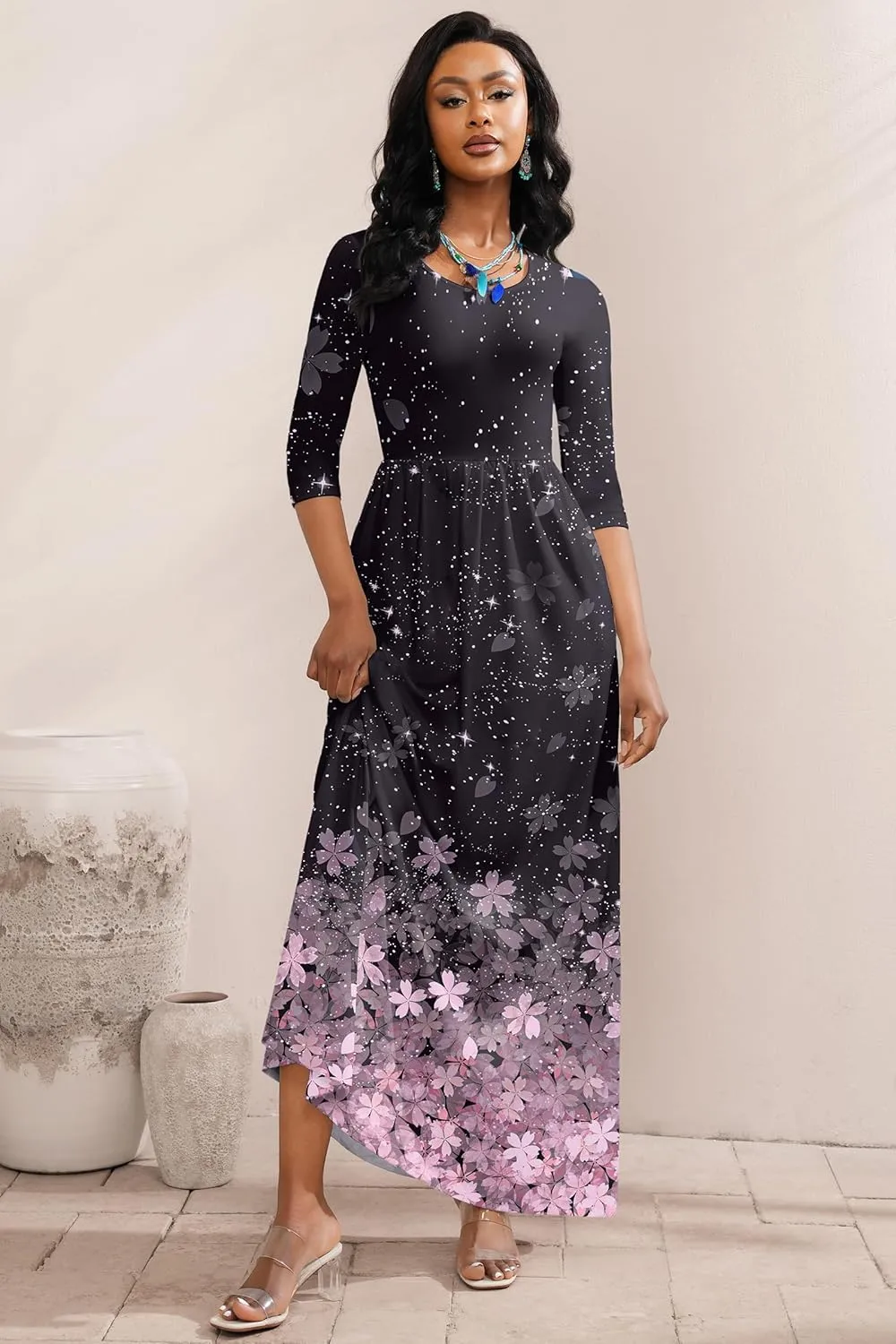 FANDEE Maxi Dress for Women 3/4 Sleeve Crew Neck Empire Waist Casual Dress with Pockets
