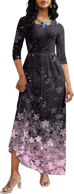 FANDEE Maxi Dress for Women 3/4 Sleeve Crew Neck Empire Waist Casual Dress with Pockets