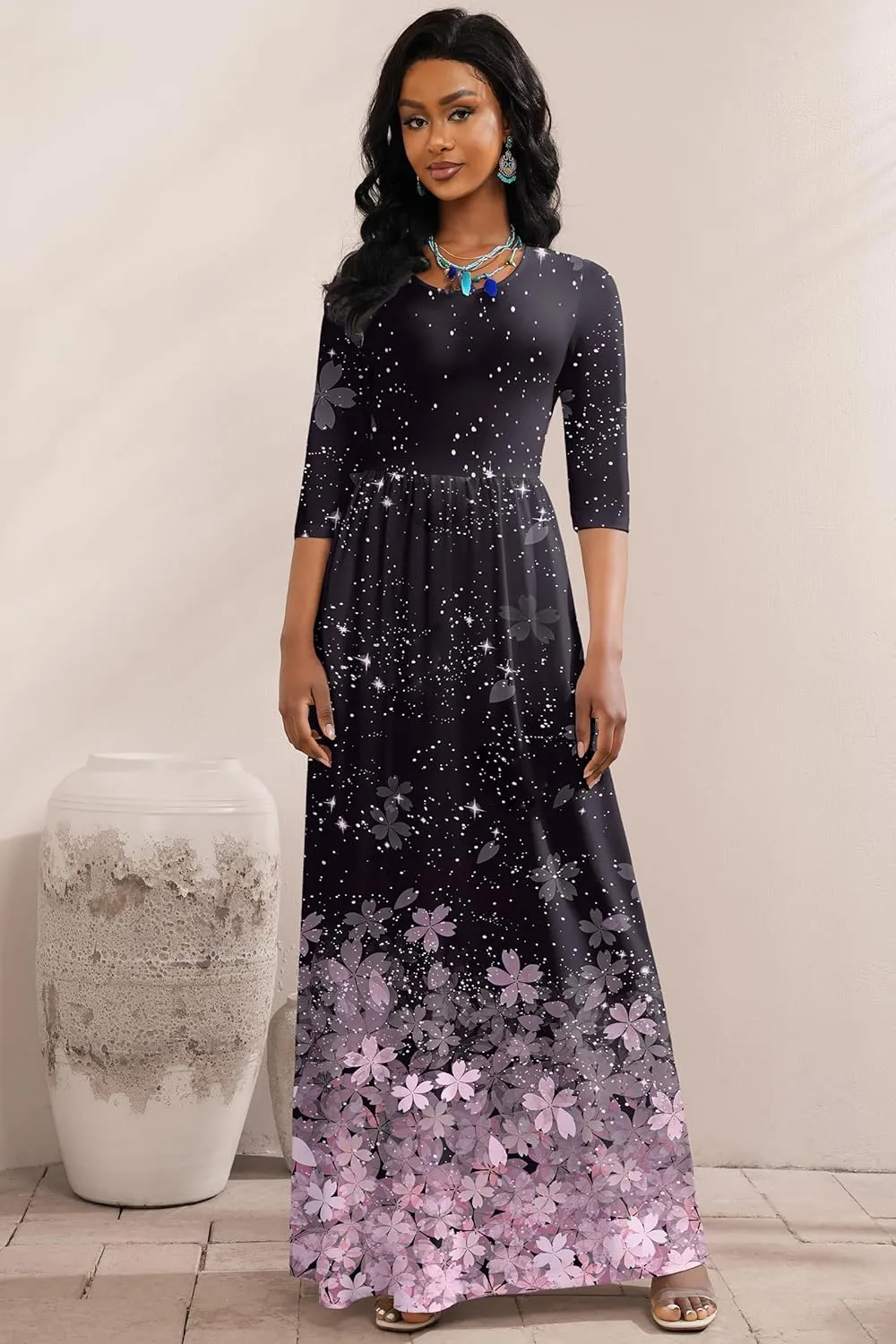 FANDEE Maxi Dress for Women 3/4 Sleeve Crew Neck Empire Waist Casual Dress with Pockets