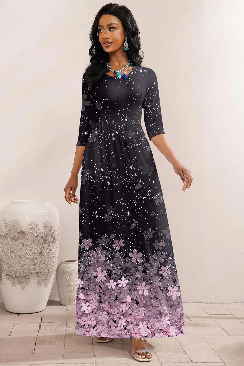 FANDEE Maxi Dress for Women 3/4 Sleeve Crew Neck Empire Waist Casual Dress with Pockets