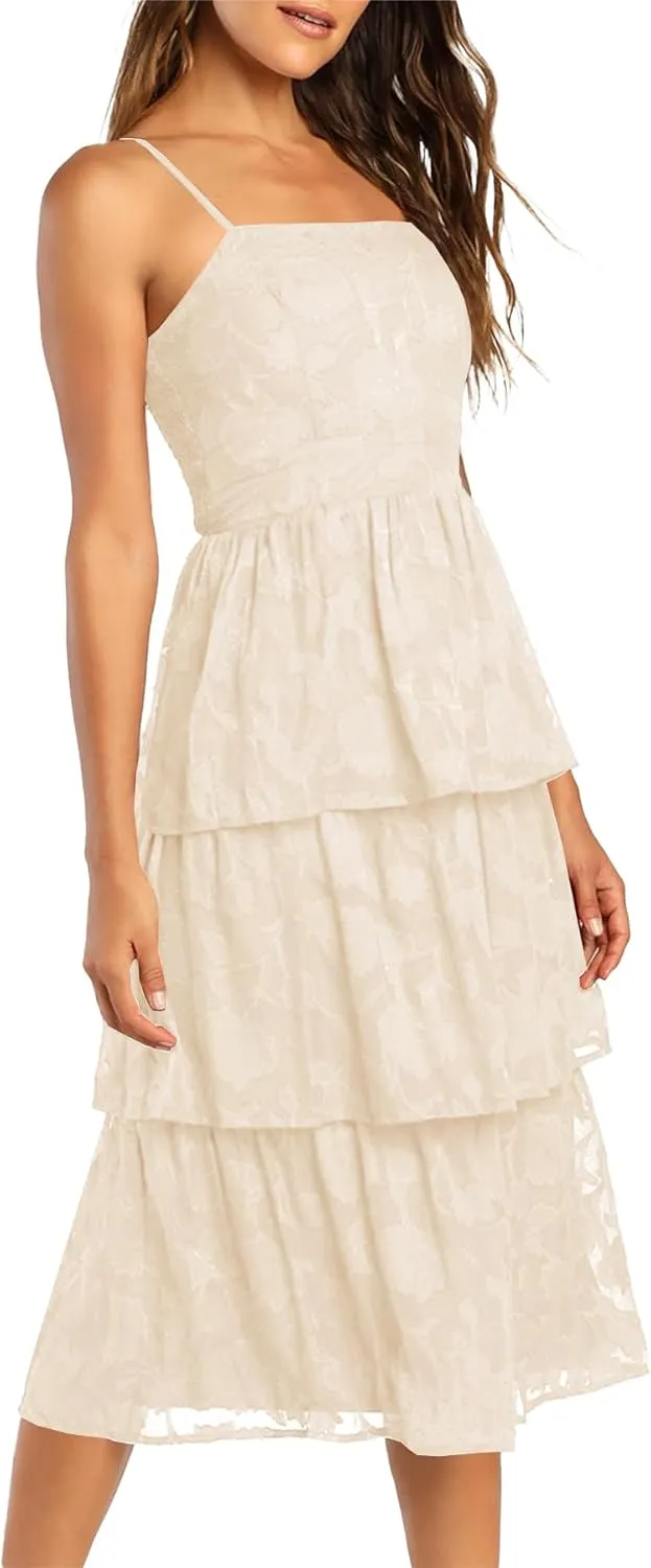 Ferlema Women's 2025 Summer Sleeveless Spaghetti Strap Smocked Tiered Flowy Beach Cocktail Midi Dresses