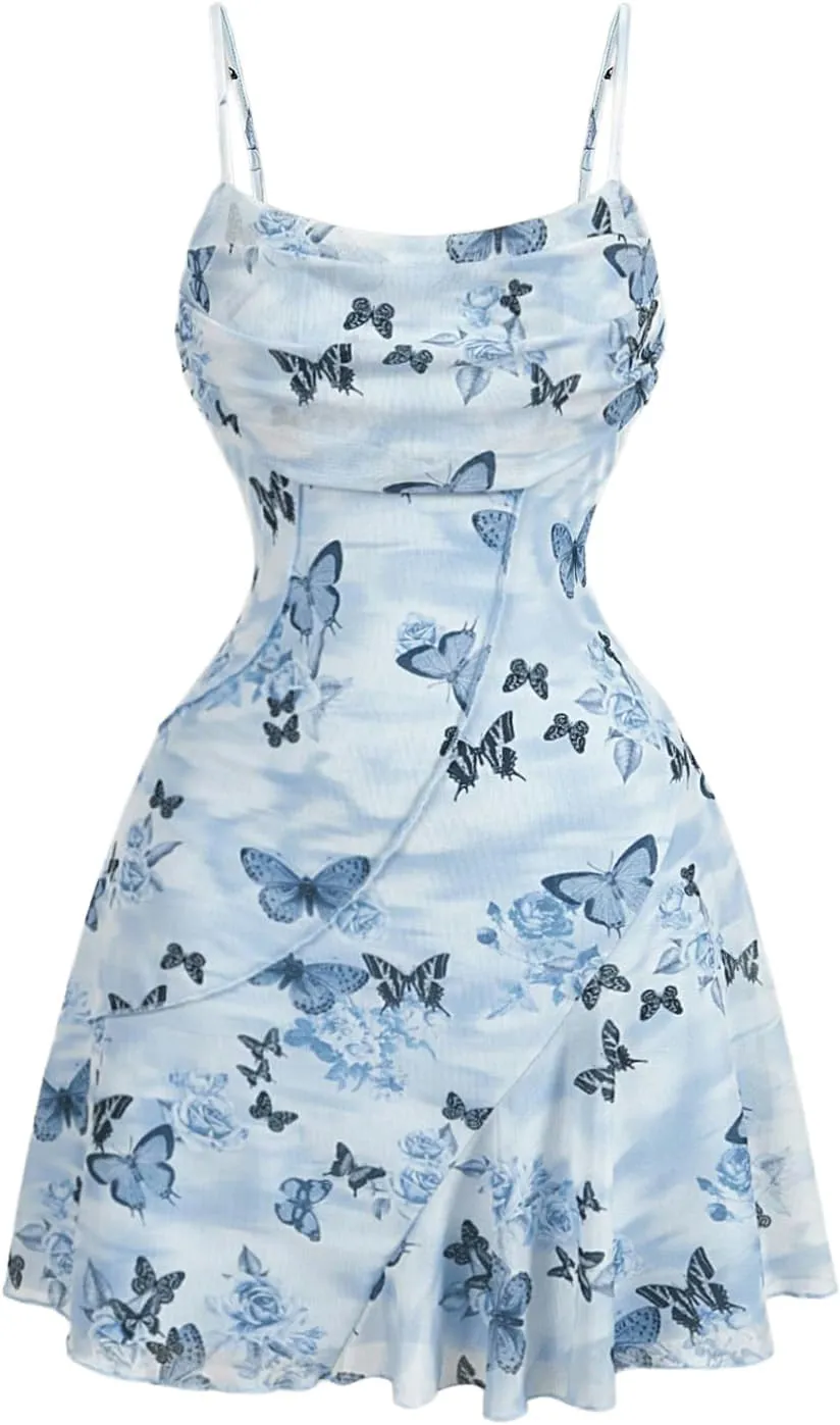 Floerns Women's Butterfly Print Ruched Beach Dress Asymmetrical Hem Cami Short Dress