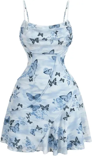 Floerns Women's Butterfly Print Ruched Beach Dress Asymmetrical Hem Cami Short Dress