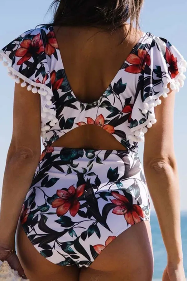 Floral Print Deep V Neck Elegant Ruffles Cutout One Piece Swimwear