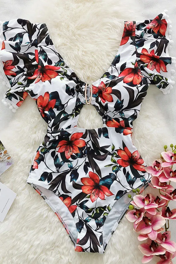 Floral Print Deep V Neck Elegant Ruffles Cutout One Piece Swimwear