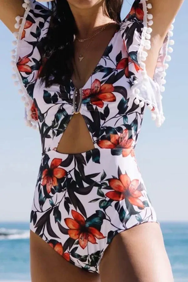 Floral Print Deep V Neck Elegant Ruffles Cutout One Piece Swimwear
