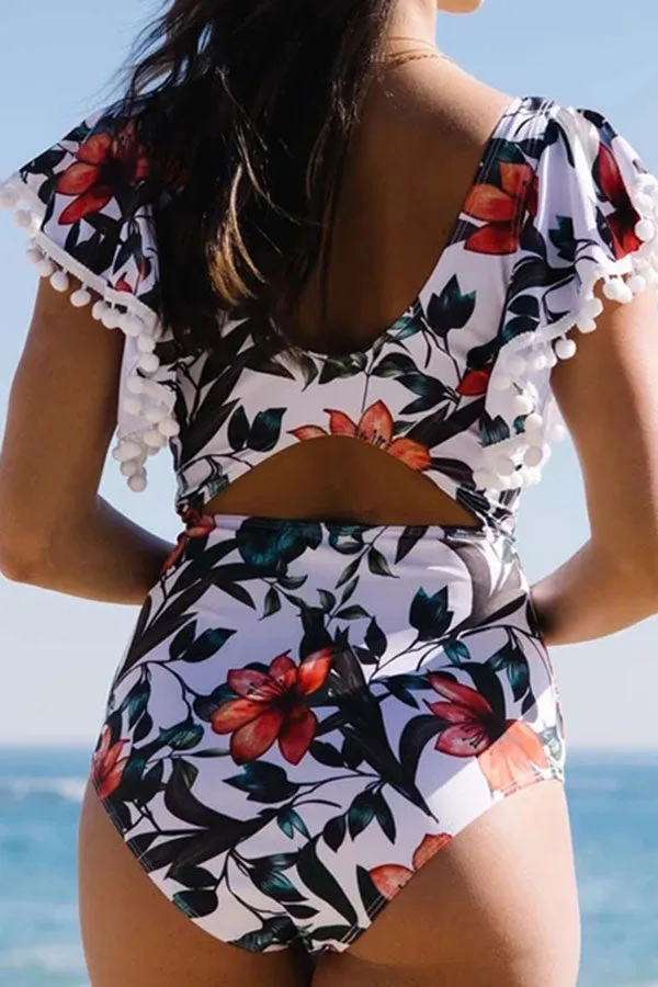 Floral Print Deep V Neck Elegant Ruffles Cutout One Piece Swimwear