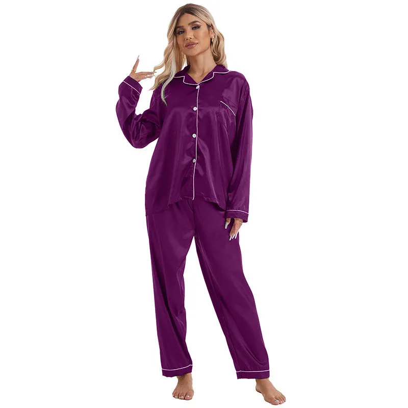 Home Wear Collared Ice Silk Pajamas Two Piece Set