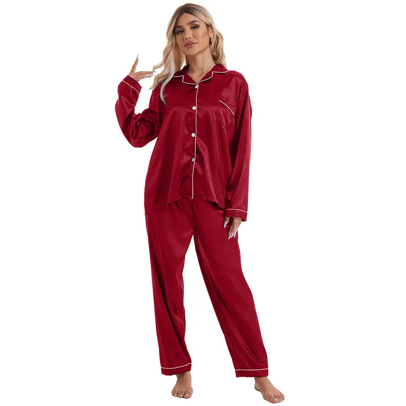 Home Wear Collared Ice Silk Pajamas Two Piece Set