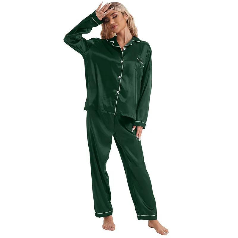 Home Wear Collared Ice Silk Pajamas Two Piece Set