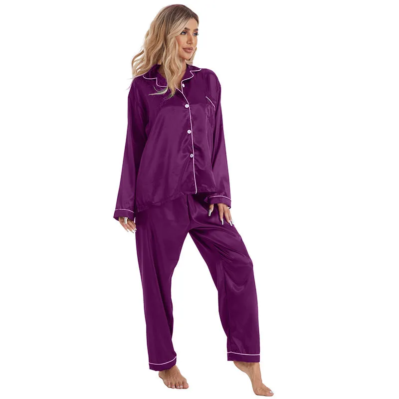 Home Wear Collared Ice Silk Pajamas Two Piece Set
