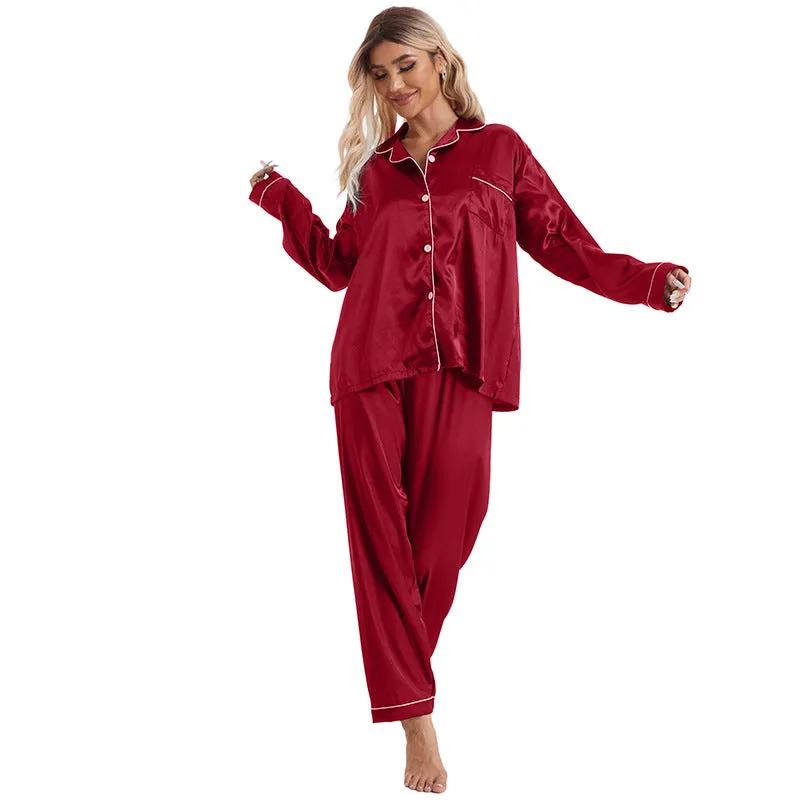 Home Wear Collared Ice Silk Pajamas Two Piece Set