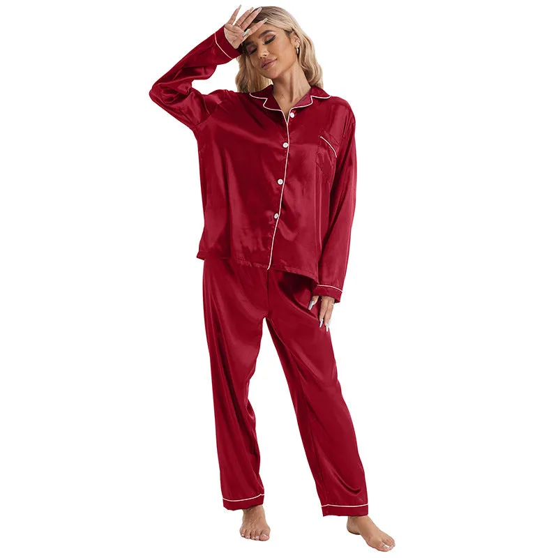 Home Wear Collared Ice Silk Pajamas Two Piece Set