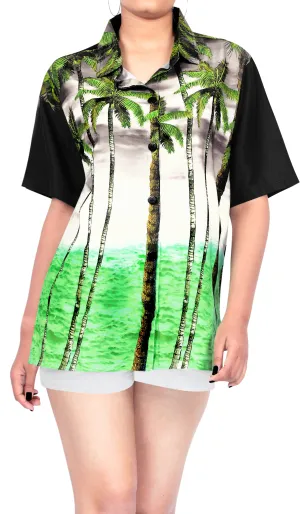 La Leela Women's Bamboo Grove Beach Hawaiian Aloha Tropical Beach  Short Sleeve Relaxed Fit Blouse Printed Shirt Black