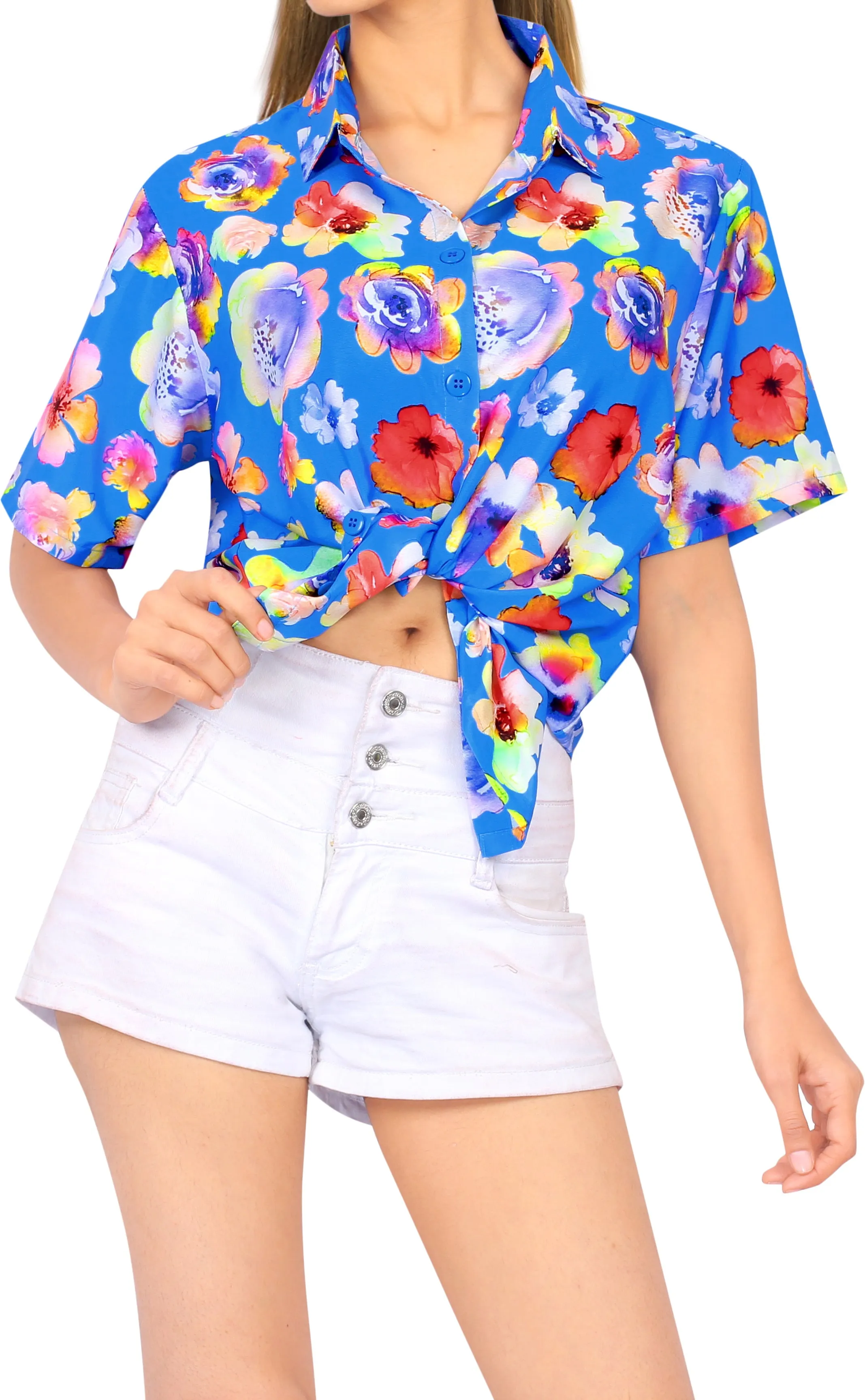 La Leela Women's Exotic Sky Hawaiian Relaxed fit Aloha Tropical Beach Short Sleeve Blouse Printed Shirt Dynamic Blue