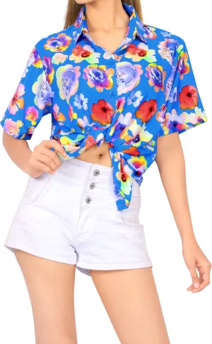 La Leela Women's Exotic Sky Hawaiian Relaxed fit Aloha Tropical Beach Short Sleeve Blouse Printed Shirt Dynamic Blue