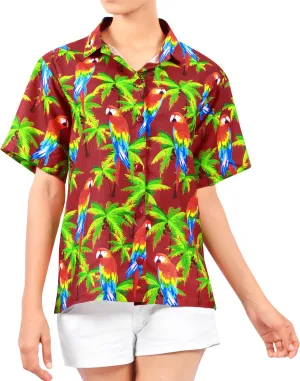 La Leela Women's Parrot Covert Hawaiian Aloha Tropical Beach  Short Sleeve Relaxed Fit Blouse Printed Shirt Red
