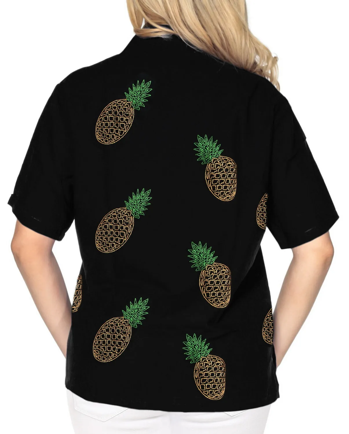 La Leela Women's Pineapple Rush Hawaiian Aloha Tropical Beach Relaxed Fit  Short Sleeve Blouse Printed Shirt Black