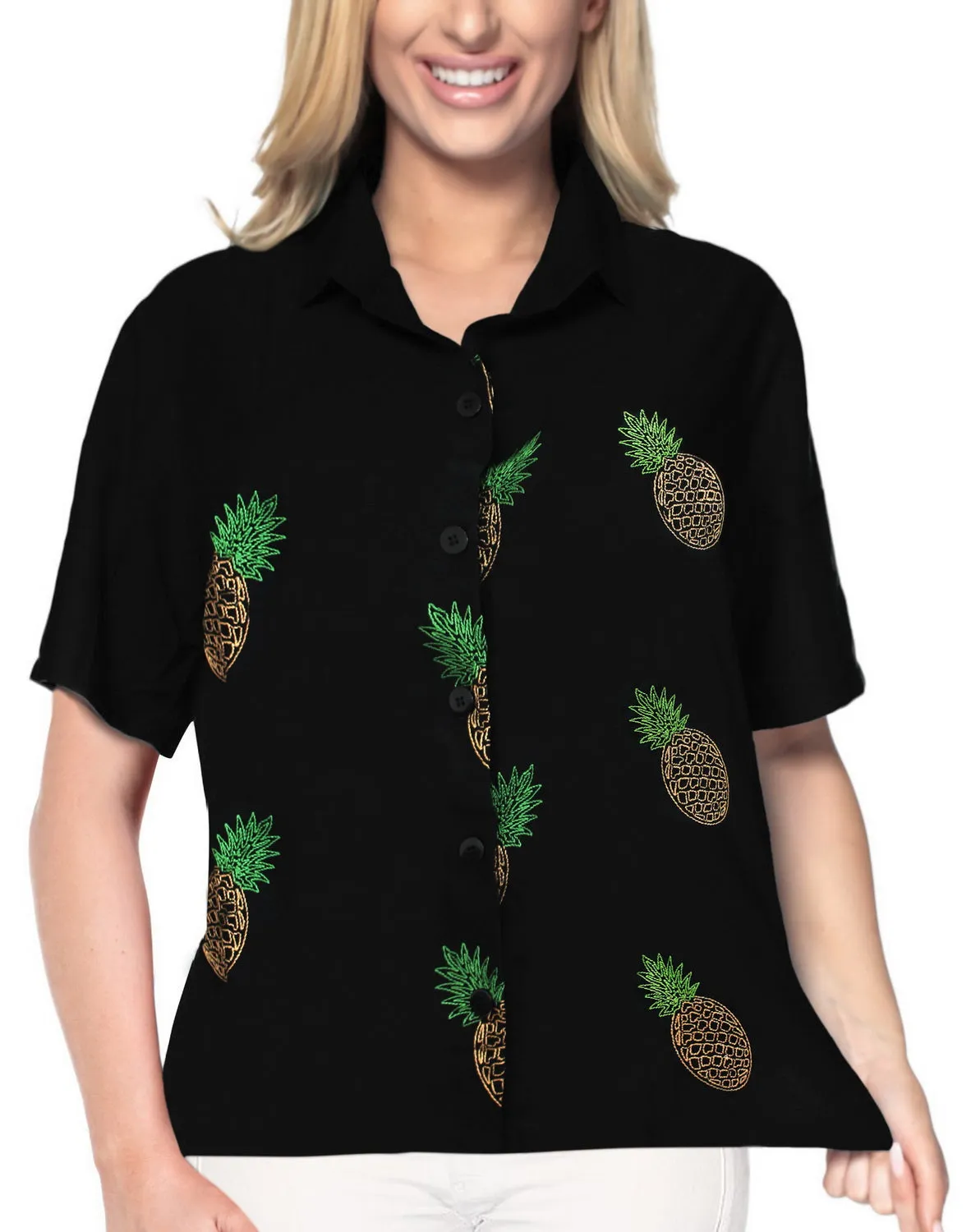 La Leela Women's Pineapple Rush Hawaiian Aloha Tropical Beach Relaxed Fit  Short Sleeve Blouse Printed Shirt Black
