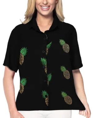 La Leela Women's Pineapple Rush Hawaiian Aloha Tropical Beach Relaxed Fit  Short Sleeve Blouse Printed Shirt Black