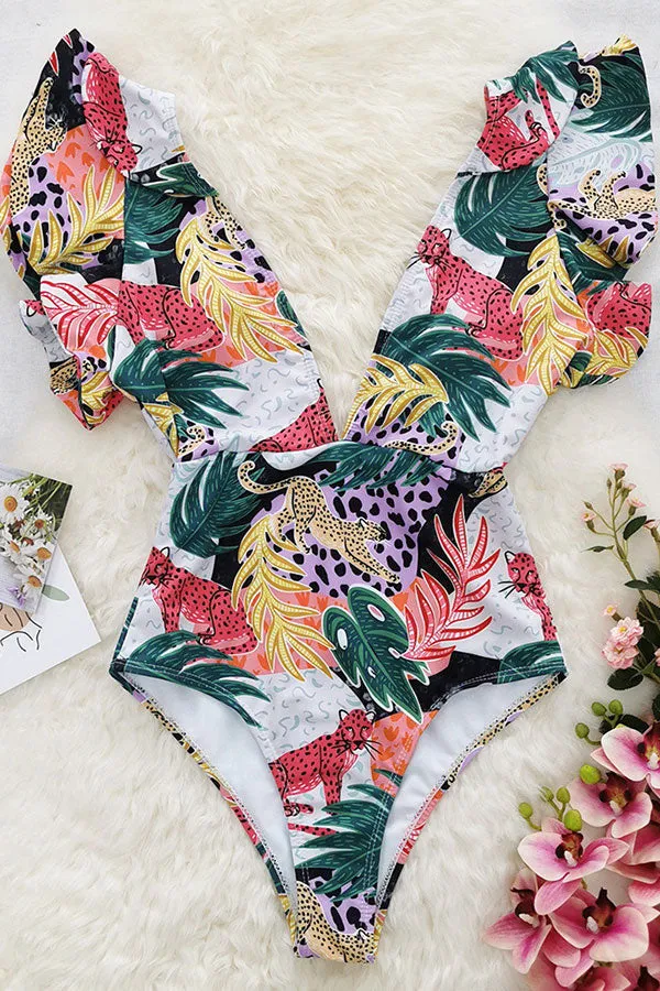 Leaf Print Deep V Neck Ruffles Colorful One Piece Swimwear