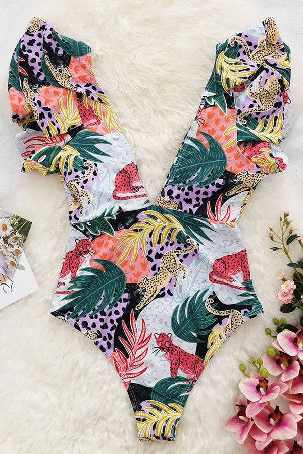 Leaf Print Deep V Neck Ruffles Colorful One Piece Swimwear