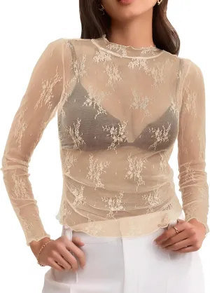 LEANI Women's 2024 Sheer Mesh Crop Top Long Sleeve Mock Neck Lace Floral See Through Y2K Shirt Blouses