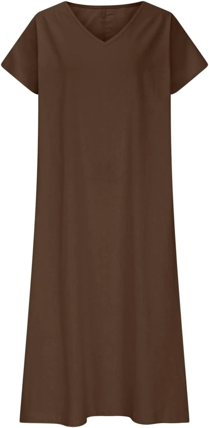 Linen Casual Dresses for Women Flowy V Neck Short Sleeve 2025 Maxi Dress Lightweight Summer Beach Vacation Clothes