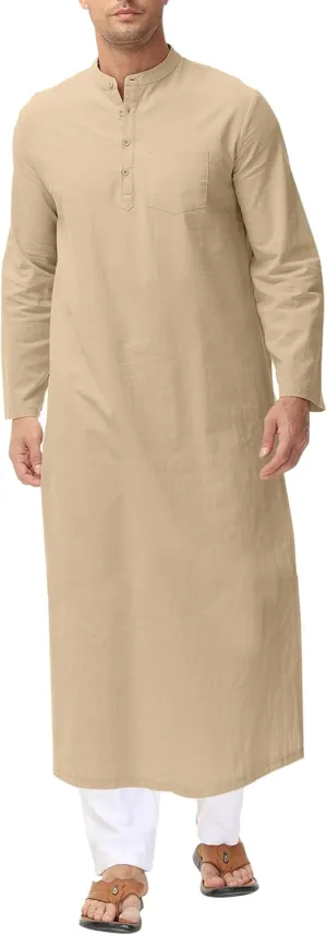LVCBL Kaftan for Men Long Sleeve Caftan Thobe Side Split Muslim Robe Button Down Long Gown Tunic Shirts